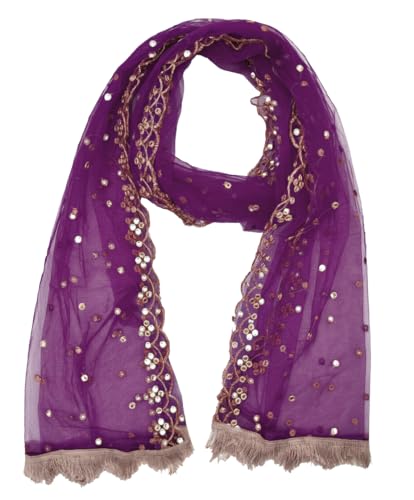 YOUTHQUAKE Plastic Mirror Emboridered Net Dupatta for Womens & Girls With Fancy Cut Design with Lace (Purple)
