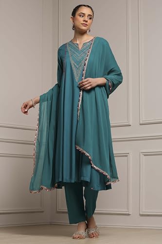Biba Women Teal Green Viscose Rayon Straight Solid Suit Set_46