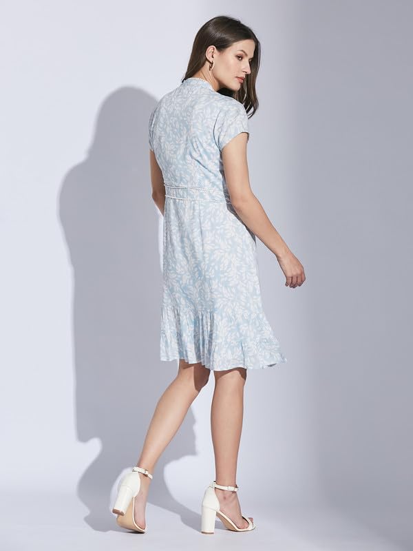 Latin Quarters Women Blue Mandarin Collar Half Sleeve Floral Dress_L