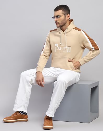 Monte Carlo Men's Regular Fit Solid Pattern Hooded Drawstring Closure Full Sleeve Winter Sweatshirt | Stylish Sweatshirt for Men | Comfortable Casual Winter Wear for Men's Beige XL