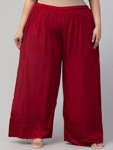 Style Prezone Rayon Flared Maroon Palazzo for Women | High Waist Trousers | Plus Size Loose Fit Bottoms for Ladies & Girls | Plain Pants