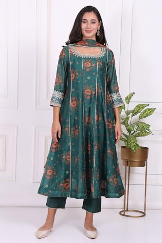 W for Woman Green Floral Printed Sequined Anarkali Kurta, Straight Pants and Dupatta Set - (WS13272-126611-S)