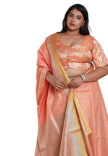 SALWAR STUDIO Women's Orange Brocade Readymade Saree Blouse-PLSSB00008-ORNG