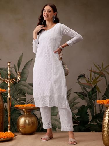 Ada Hand Embroidered Lucknow Chikankari Women's Cotton Blend Kurta with Slip A411117 (L, White)