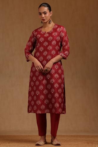 Soch Womens Brick Red Chanderi Floral Printed Salwar Suit With Zari