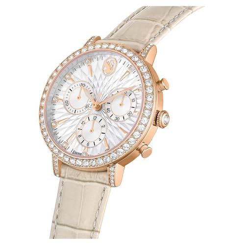 Swarovski Matrix Tennis Chrono Watch, Swiss Made, Leather Strap, Beige, Rose Gold-Tone Finish, Beige, Strap