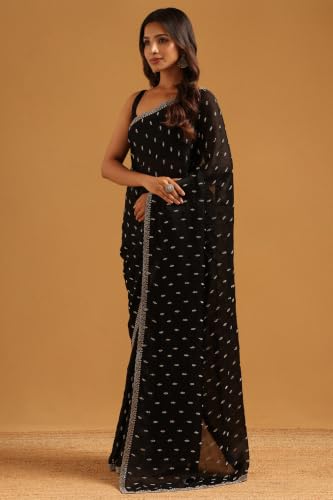 Soch Womens Black Fendy Organza Stonework Embellished Saree