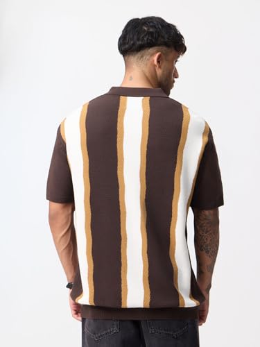 The Souled Store: Jacquard Polo Chestnut Men and Boys Short Sleeve Spread Collar Dark Brown Jacquard Knit Vertical Stripe Pattern Cotton Regular Fit Casual Everyday Polo Shirts