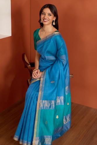 Taneira Women Dark Blue Pure Silk Cotton Chanderi Woven Saree with Unstitched Blouse Piece (SAPH03AA7685-Dark Blue)