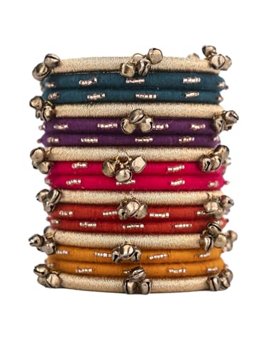 Taasha Craft Vibrant Bangle Set with Copper Ghungroo and Statement Ring, Inspired from Kashmiri Bangles (Size: 2.4, 16 Bangle Set)
