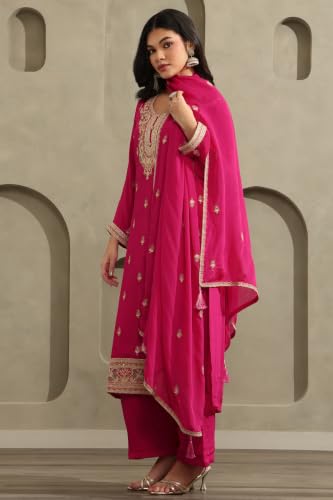 Soch Womens Fuchsia Chinon Ethnic Motifs Zari Embroidered Salwar Suit With Sequins
