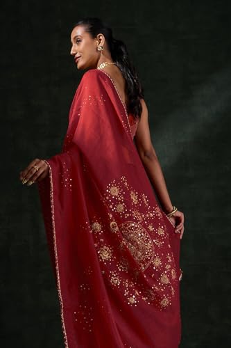 Taneira Women Red Pure Silk Cotton Embroidered Saree with Unstitched Blouse Piece (SAPP01AA1376-Red)