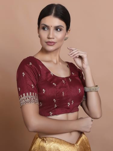 S SALWAR STUDIO Maroon Silk Embroidered Round Neck Readymade Blouse