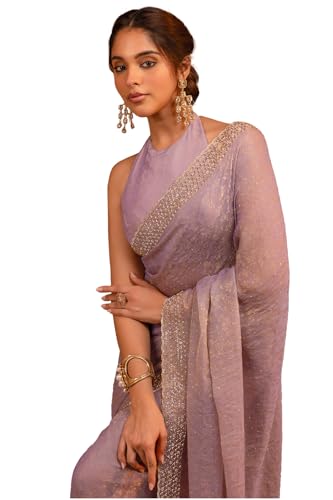 Soch Womens Light Lavender Georgette Floral Print Saree With Stone Work