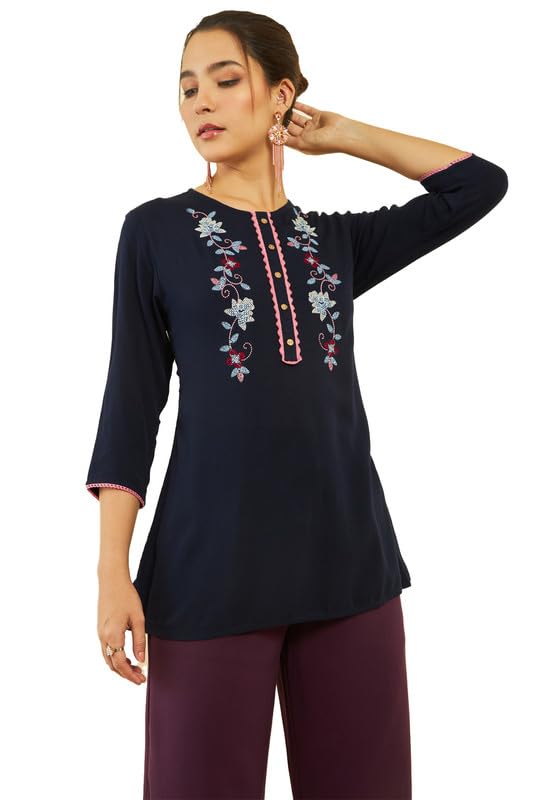 Soch Womens Navy Blue Crepe Floral ThreadWork Embroidered Round-Neck Tunic