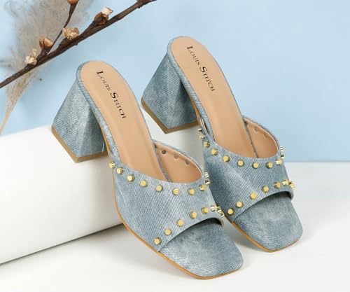 LOUIS STITCH Women’s Fashion Slip-On Block Heel Sandals | Open Toe Blue Stylish Mules Heel Sandal for Ladies, Fashionable and Comfortable Sandal (LSOF-LDBH-MUBU) (UK-8)