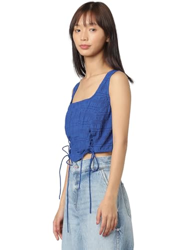 ONLY Women Self-Design Polyester Blend Blue Crop Top