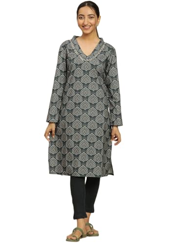 W for Woman Green Printed Winter Kurta with Embroidery (Size: M)-24NOW10359-122962
