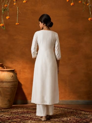 Varanga Women Champagne Beige A Line Kurta Trousers Set V Neck