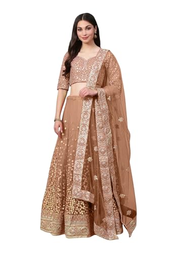 AG Clothing Women's Net Semi Stitched Lehenga Choli With Dupatta | Dori And Sequin Embroidery Pattern | Traditional, Wedding, Ethnic Wear Lehenga (AD-EUPHORIAm-VOL4-3605-Brown)