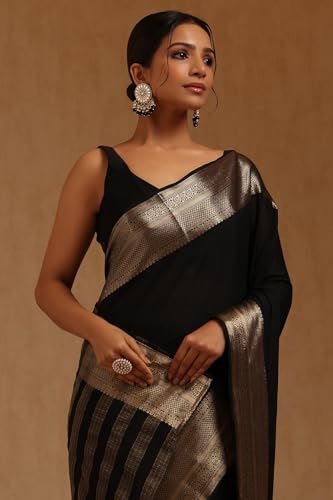 Soch Womens Black Georgette Solid Saree With Zari