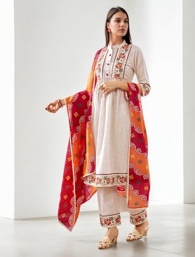 V4M Women's Cream Cotton Blend Floral Embroidered Anarkali Kurti & Plazzo Pant With Dupatta