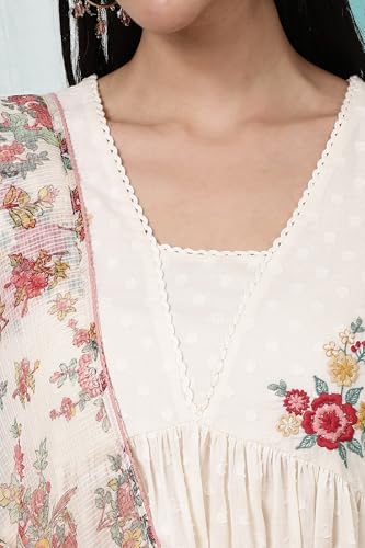 W for Woman White Floral Printed Textured Cotton Gathered Kurta, Pants and Dupatta Set (Size: M)-WS11620-222350