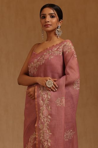 Soch Womens Blush Pink Linen Floral Printed Saree With Zari