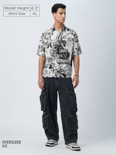 The Souled Store Wagara Men and Boys Short Sleeves Collared Neck Button Front All Over Printed Cotton Lightweight Streetwear Oversized Holiday Shirts