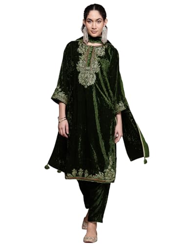 Bottle Green Nazara Festive Round Neck Kurta With Pant And Dupatta
