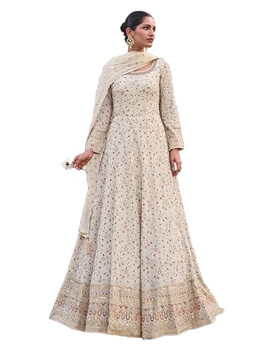 TRENDMALLS Women's Georgette Embroidery Sequence work Anarkali Kurta Pant Set with Dupatta for Women (G284-OffWhite-3XL)