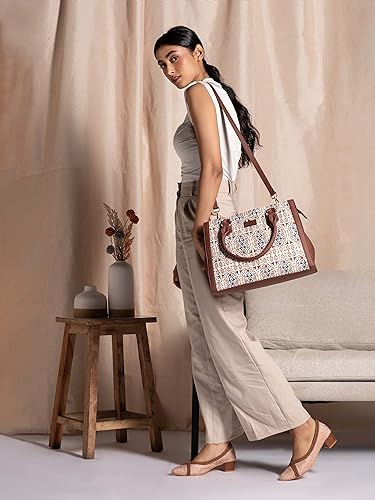 ZOUK Agra Floral Printed Jute Handcrafted Vegan Leather White Women's Satchel Bag | Ladies Purse Handbag | Double Handle Detachable Strap
