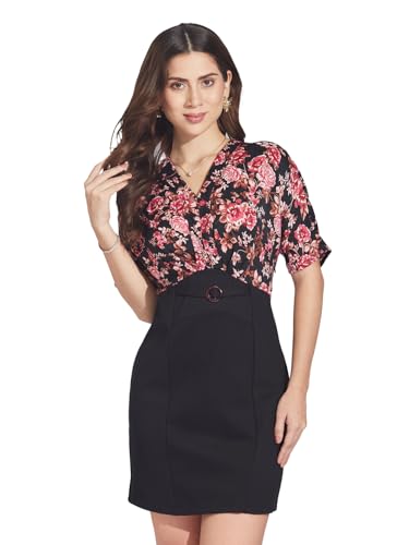 Latin Quarters Women Black Short Sleeves V-Neck Printed Dress_L