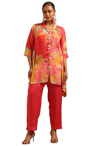 Soch Womens Pink Chinon Botanical Kaftan Suit With Hand Embroidery and Bead Details