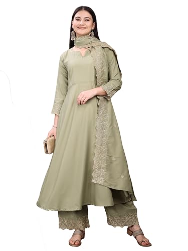Granthva Fab Kurta Set for Women Silk Embroidered Anarkali Kurta with Palazzos and Dupatta (kurta set for women_BKG-1109-S_Light Green)