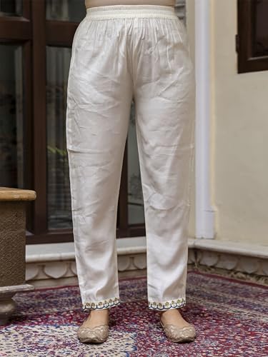 TRENDMALLS Women's Chanderi Silk Embroidery Salwar Suit Set Kurta Pant with Dupatta (G274-OffWhite-S-)