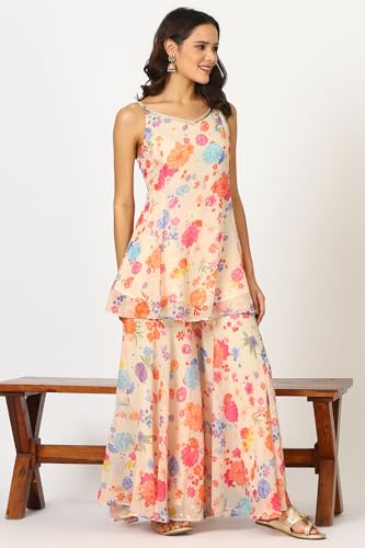 W for Woman Off-White Floral Printed Sleeveless Flared Chiffon Kurta and Sharara Set with Dupatta (Size: 2XL)-24AUWS12585-124166