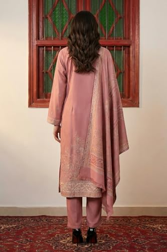 W for Woman Pink Geometric Printed Buttons Straight Kurta with Pant and Dupatta Set - (WS13310-314579-3XL)