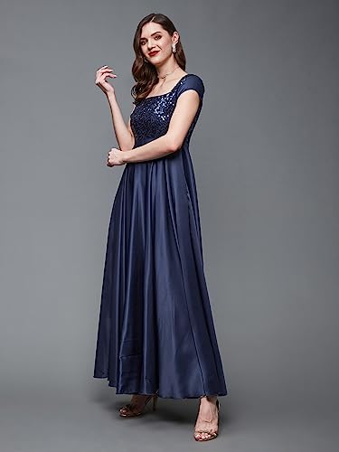 Miss Chase Women's Square Neck Short Sleeve Embellished Polyester Fit & Flare Maxi Dress (MCAW22D99-88-BCF-07, Maqui Blue, 2XL)