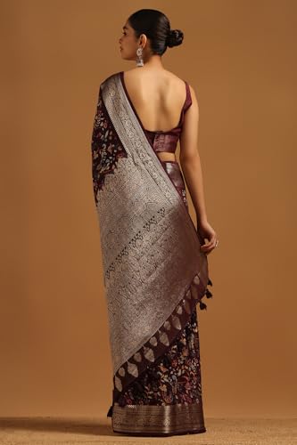 Soch Womens Wine Silk Botanical Saree With Zari Woven