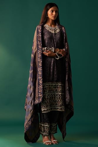 Wishful Women's navy Blue Floral Printed Embroidered Straight Modal Satin Kurta with Parallel Pants and Dupatta Set (SP12624-125649-XS)