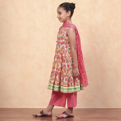 Biba Girls Coral Tiered Cotton Printed Kurta suit set