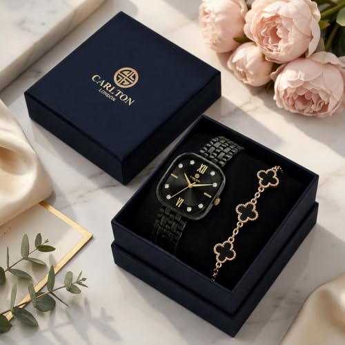 Carlton London Women’s Luxury Gift Set – Premium Square Black Dial Gold & Black Analog Watch and Four-Leaf Clover Charm Bracelet Combo Box | Ideal Anniversary, Birthday & Festive Gifting for Women