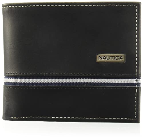 Nautica Men's Bifold Leather Wallet | RFID Blocking | ID Window | Card Slots | Organization | Durable | Stylish, Logo Ribbon - Black, One Size, Bifold Leather Wallet | Rfid Blocking | Id Window | Card