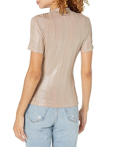 GUESS Women Beige Embellished High Neck Short Sleeves Top