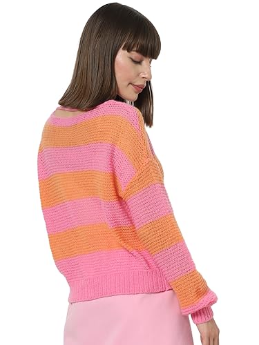 VERO MODA Women Colourblock Polyester Blend Regular Fit Pink Sweater
