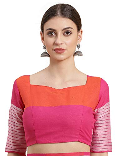 SAREE MALL Women's Pink Cotton Blend Checkered Printed Saree With Unstitched Blouse (RITA4504_GIF)