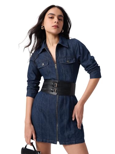 The Souled Store Denim Line: Galactic Women and Girls Long Sleeves Spread Collar Indigo Blue Solid Cotton Regular Fit Detachable Belt Full Zip Shirt Dress