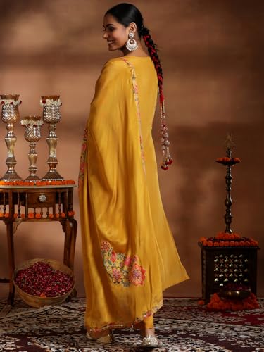 Libas Womens Printed Silk Blend Straight Kurta With Trousers and Dupatta