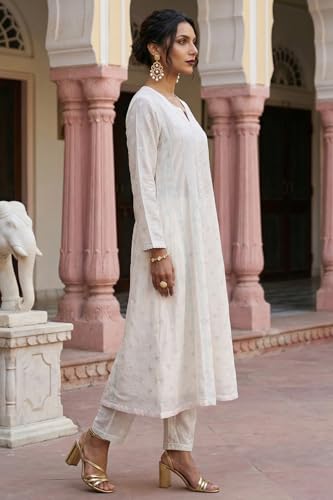 Wishful Women’s Off White Embroidered Chanderi A-line Kurta with Straight Pants and Dupatta Set - (SP12468-401487-S)